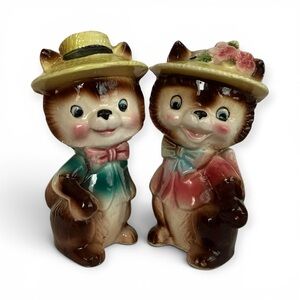 Vintage Lefton Squirrel Couple Salt & Pepper Shakers Japan Anthropomorphic
